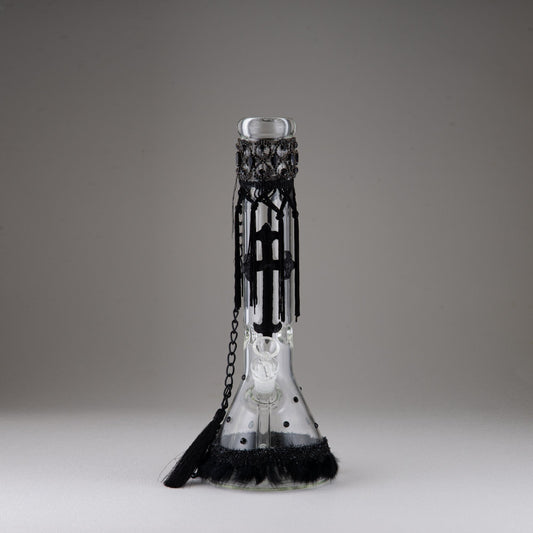 Black fringe with Black stone trim. Black cross with Black rabbit fur at bottom. Measures 14” tall   Style No. 208