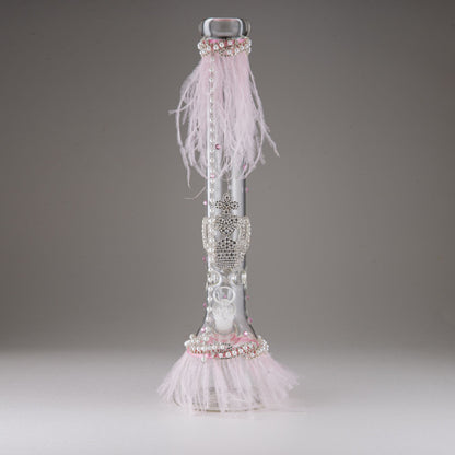 Crystal beaded trim with gold stones. Gold fringe with pearls. Crystals applied all over.  Measures 15 ½” tall  Style No. 217